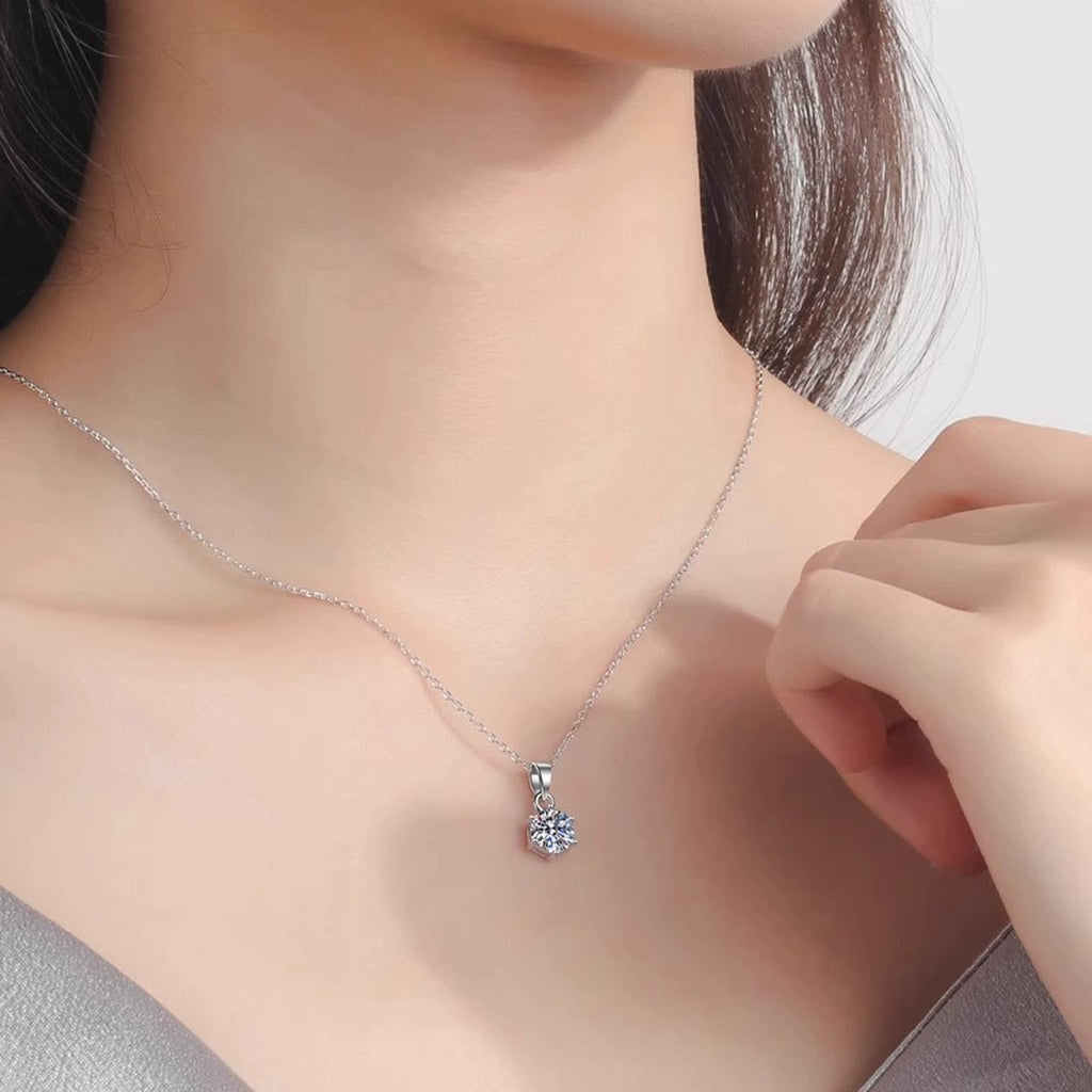 Six-Prong Round Moissanite Solitaire Necklace in Gold-Plated S925 sterling silver additional worn styling view showing the pendant on the body