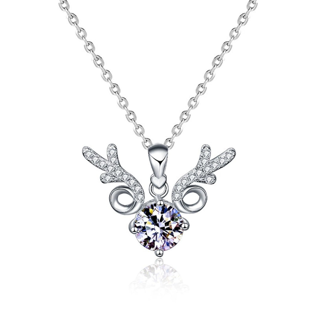 Antler Round Moissanite Necklace with CZ in White Gold-Plated S925 sterling silver white background product photo showing antler-inspired pendant with round moissanite center and CZ accents