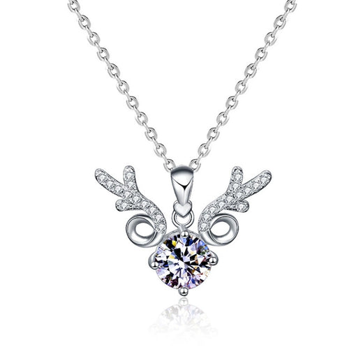 Antler Round Moissanite Necklace with CZ in White Gold-Plated S925 Sterling Silver