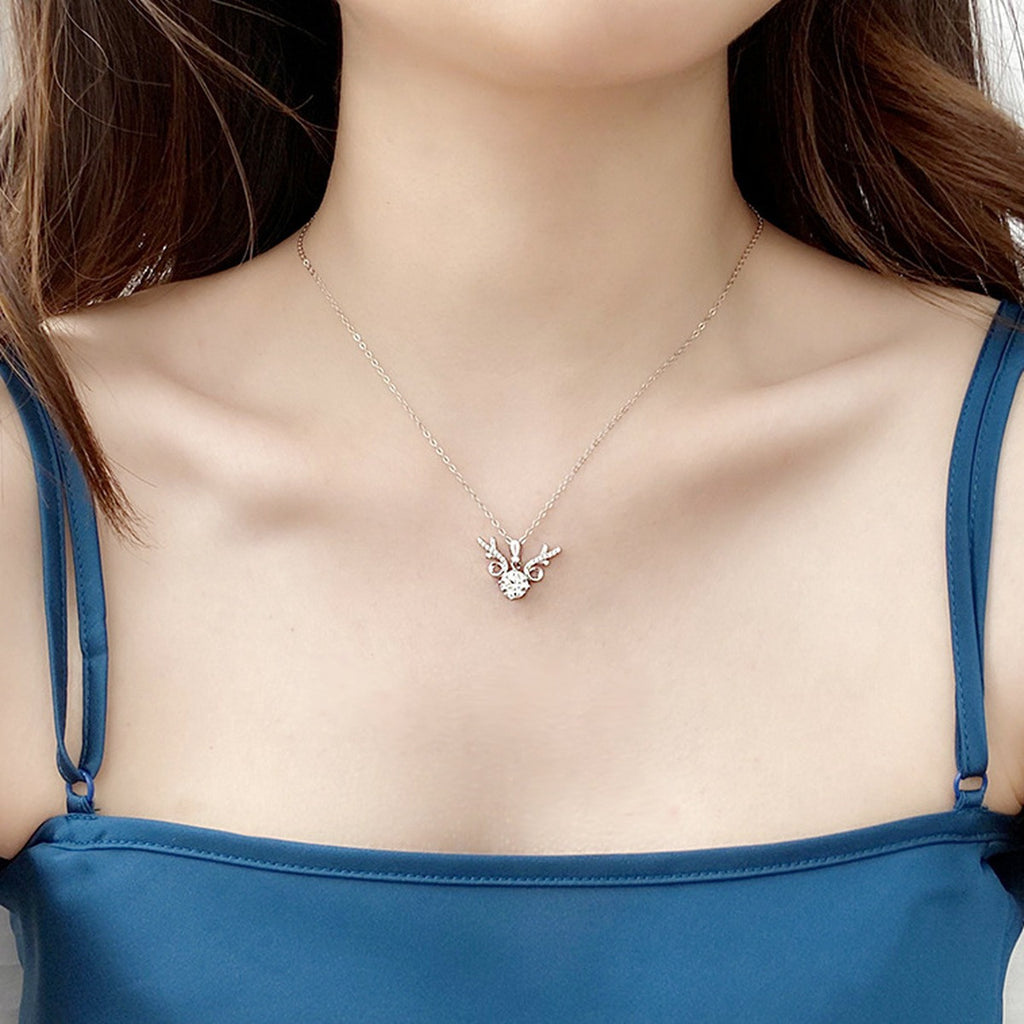Antler Round Moissanite Necklace with CZ in White Gold-Plated S925 sterling silver neckline model view showing pendant scale and chain length