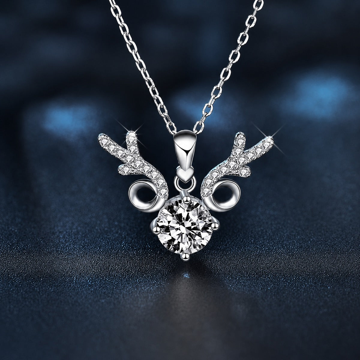 Antler Round Moissanite Necklace with CZ in White Gold-Plated S925 sterling silver close-up product scene showing pendant setting