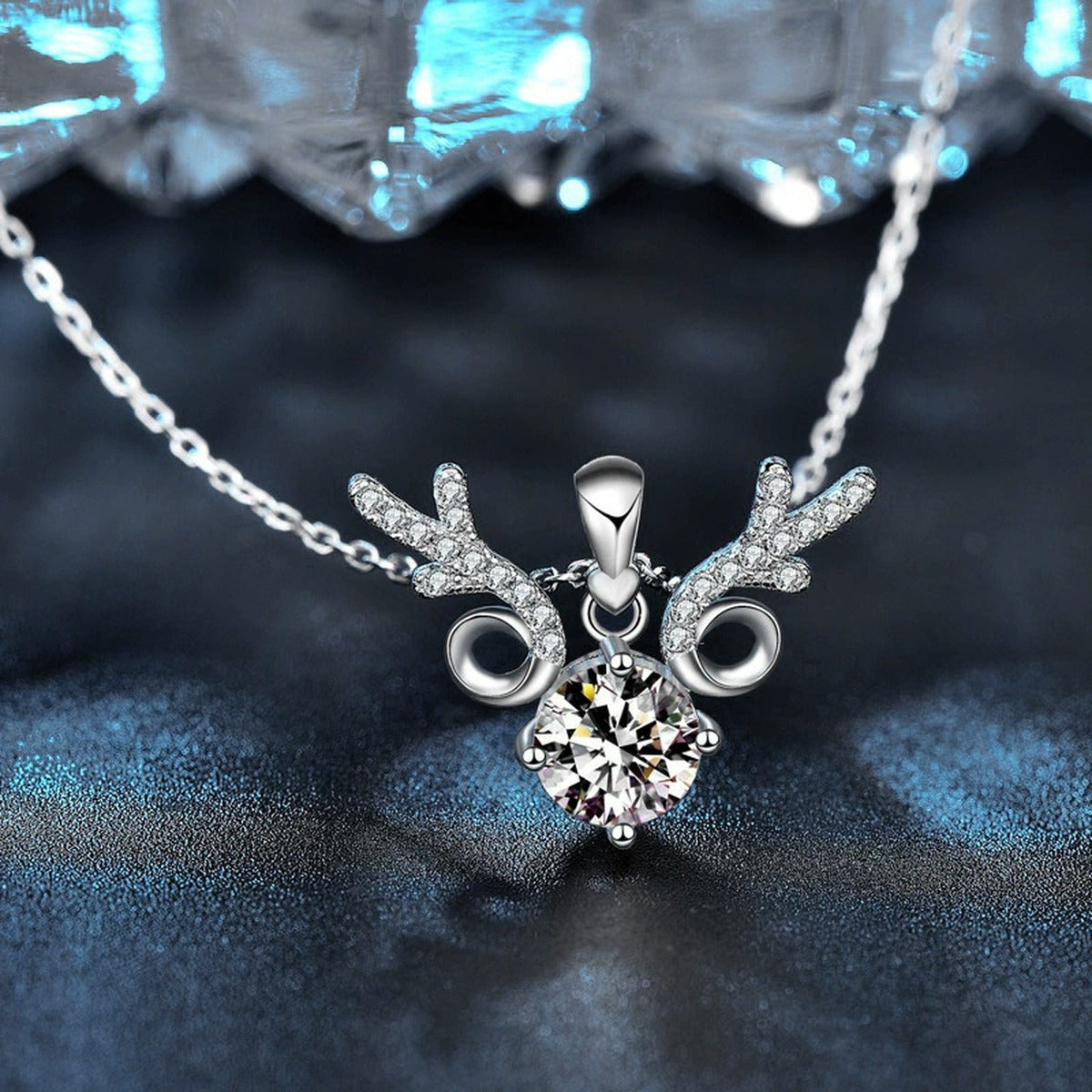 Antler Round Moissanite Necklace with CZ in White Gold-Plated S925 sterling silver angled product detail view