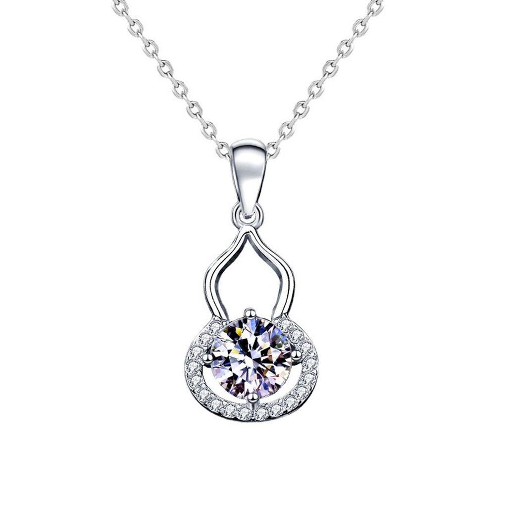 Gourd Round Moissanite Necklace with CZ in White Gold-Plated S925 sterling silver white background product photo showing gourd pendant with round moissanite center and CZ detail
