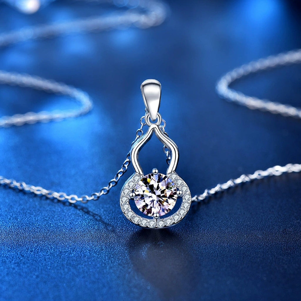 Gourd Round Moissanite Necklace with CZ in White Gold-Plated S925 sterling silver close-up product scene showing pendant setting