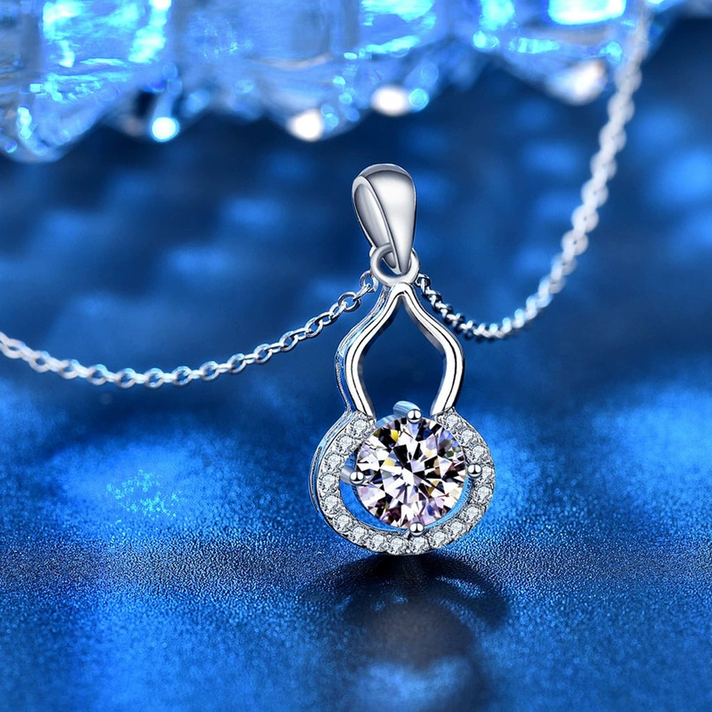 Gourd Round Moissanite Necklace with CZ in White Gold-Plated S925 sterling silver blue display scene showing chain and stone layout