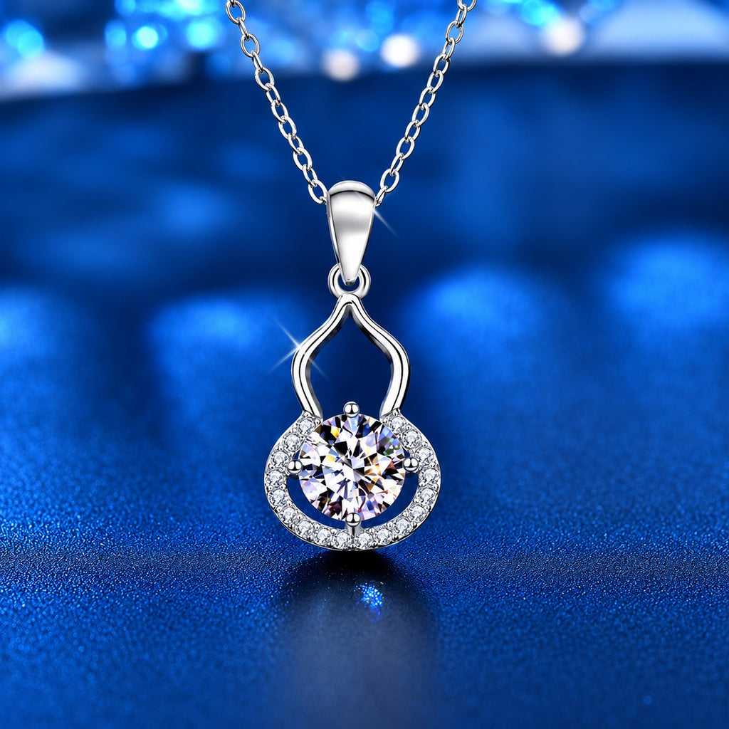 Gourd Round Moissanite Necklace with CZ in White Gold-Plated S925 sterling silver angled product detail view