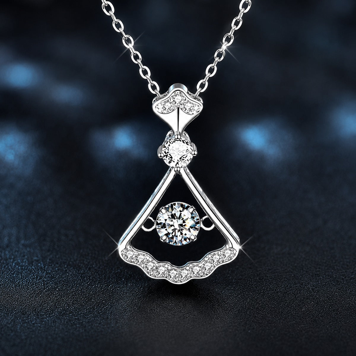 Dancing Skirt Round Moissanite Necklace with CZ in White Gold-Plated S925 sterling silver close-up product scene showing pendant setting