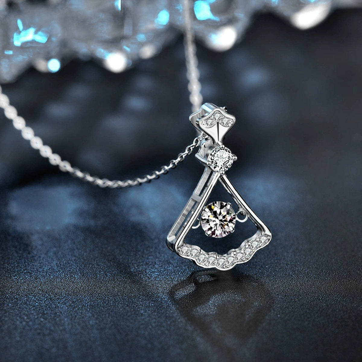 Dancing Skirt Round Moissanite Necklace with CZ in White Gold-Plated S925 sterling silver angled product detail view