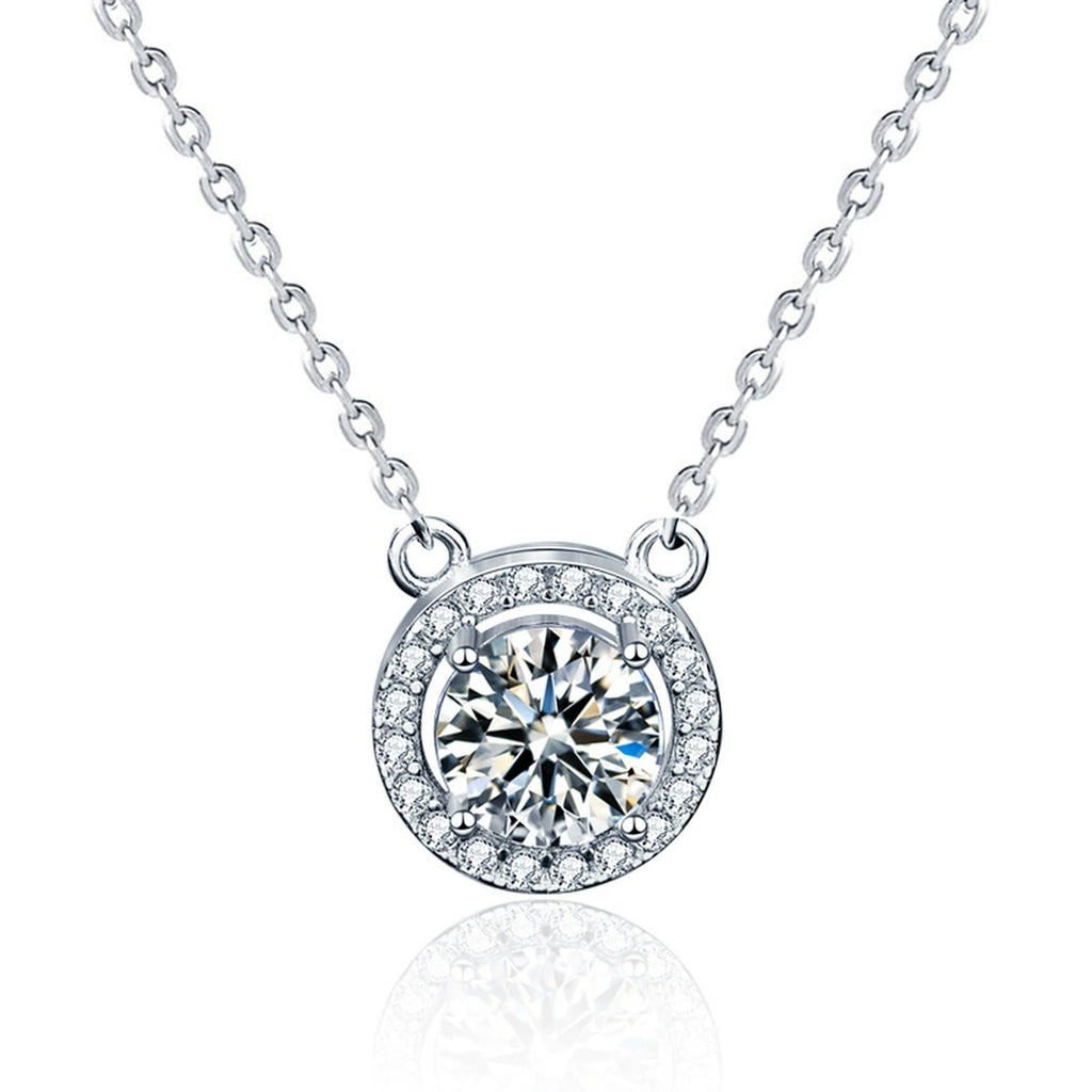 Halo Round Moissanite Necklace with CZ in White Gold-Plated S925 sterling silver white background product photo showing compact halo pendant with round moissanite center options and CZ frame