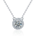 Halo Round Moissanite Necklace with CZ in White Gold-Plated S925 sterling silver white background product photo showing compact halo pendant with round moissanite center options and CZ frame