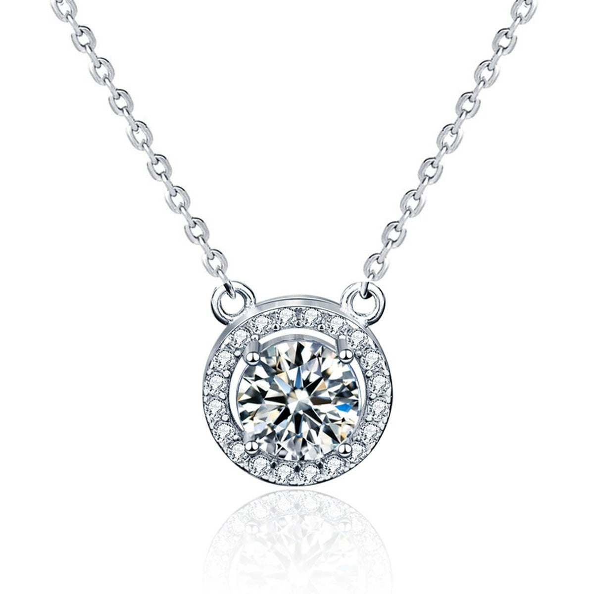Halo Round Moissanite Necklace with CZ in White Gold-Plated S925 sterling silver white background product photo showing compact halo pendant with round moissanite center options and CZ frame