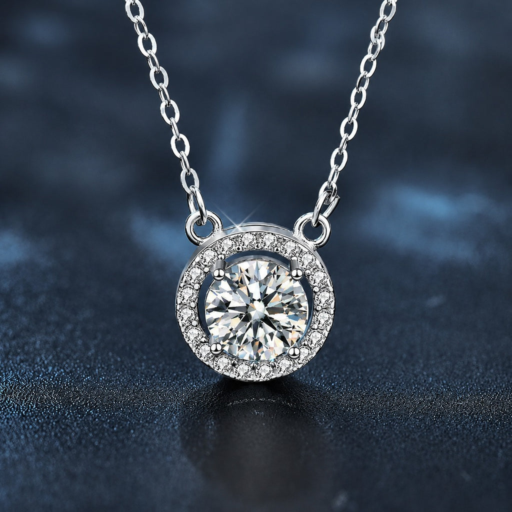 Halo Round Moissanite Necklace with CZ in White Gold-Plated S925 sterling silver close-up product scene showing pendant setting
