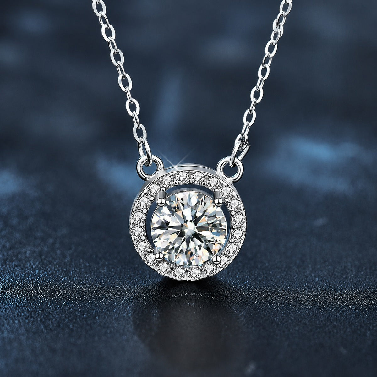 Halo Round Moissanite Necklace with CZ in White Gold-Plated S925 sterling silver close-up product scene showing pendant setting