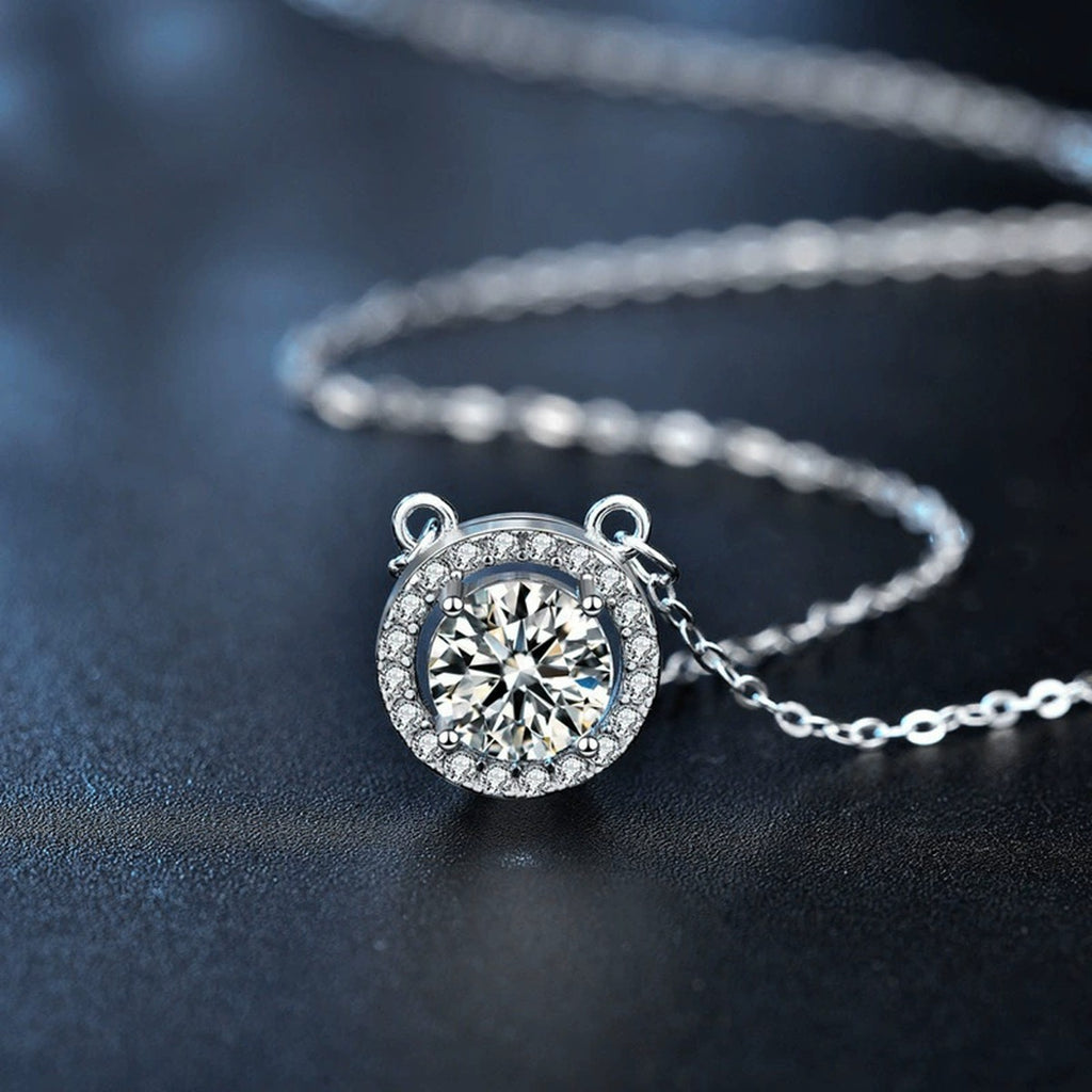 Halo Round Moissanite Necklace with CZ in White Gold-Plated S925 sterling silver blue display scene showing chain and stone layout