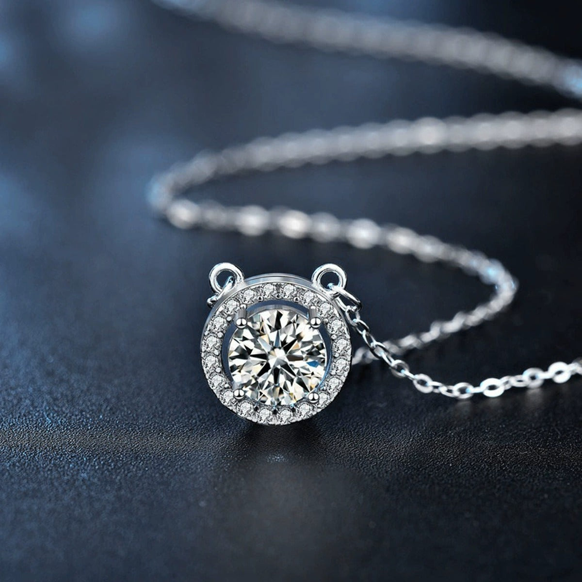 Halo Round Moissanite Necklace with CZ in White Gold-Plated S925 sterling silver blue display scene showing chain and stone layout