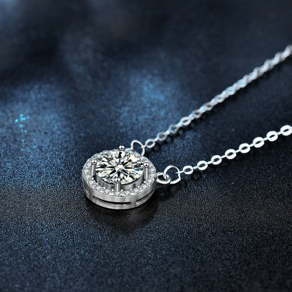 Halo Round Moissanite Necklace with CZ in White Gold-Plated S925 sterling silver angled product detail view