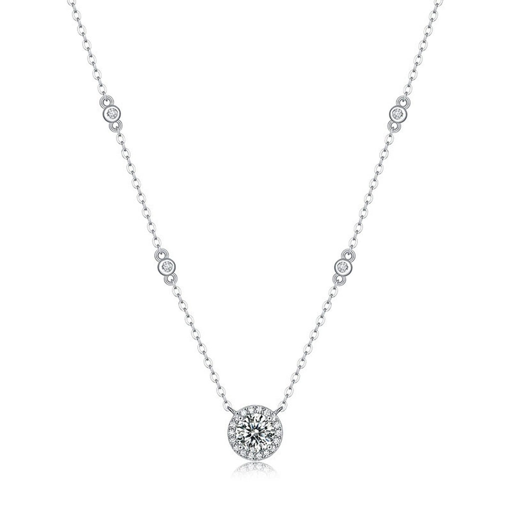 Round Halo Moissanite Necklace with CZ in White Gold-Plated S925 sterling silver white background product photo showing round halo pendant with a 1 ct moissanite center and CZ frame