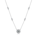 Round Halo Moissanite Necklace with CZ in White Gold-Plated S925 sterling silver white background product photo showing round halo pendant with a 1 ct moissanite center and CZ frame