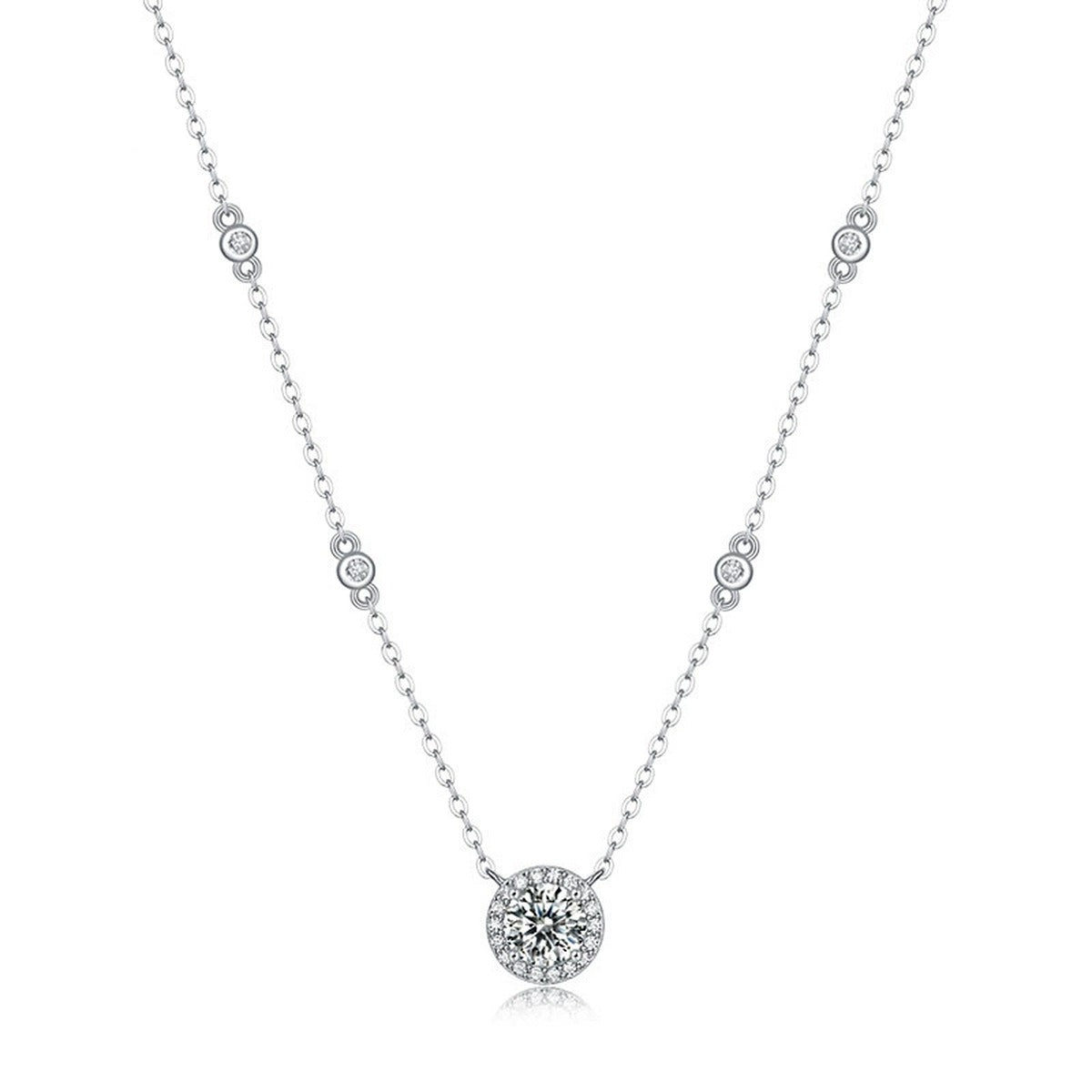 Round Halo Moissanite Necklace with CZ in White Gold-Plated S925 sterling silver white background product photo showing round halo pendant with a 1 ct moissanite center and CZ frame