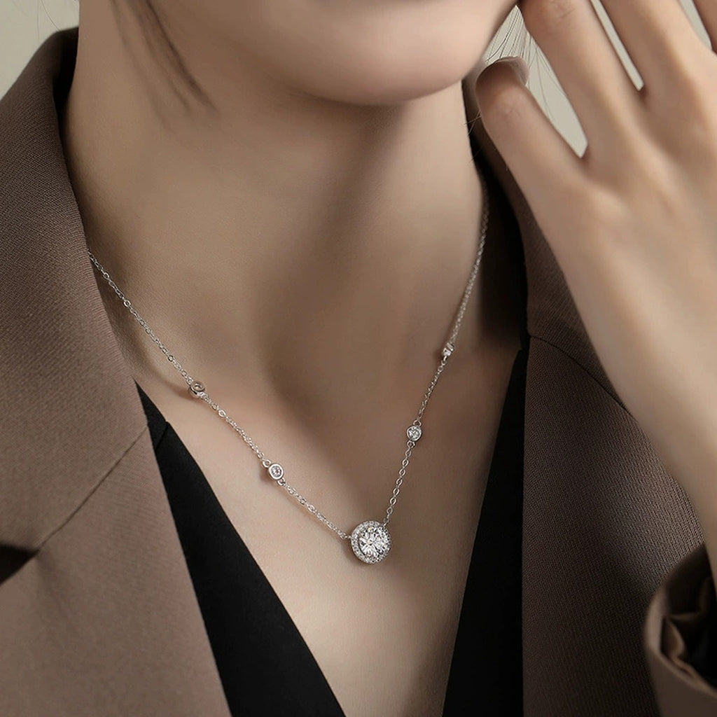 Round Halo Moissanite Necklace with CZ in White Gold-Plated S925 sterling silver neckline model view showing pendant scale and chain length