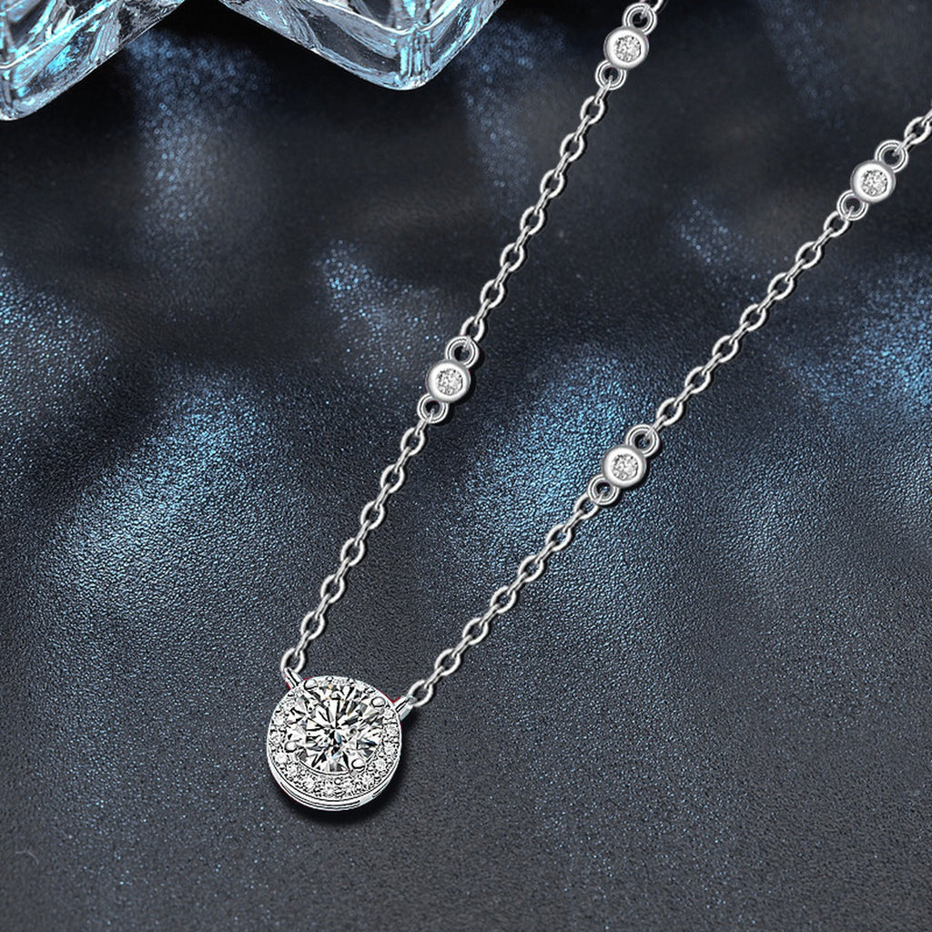 Round Halo Moissanite Necklace with CZ in White Gold-Plated S925 sterling silver close-up product scene showing pendant setting
