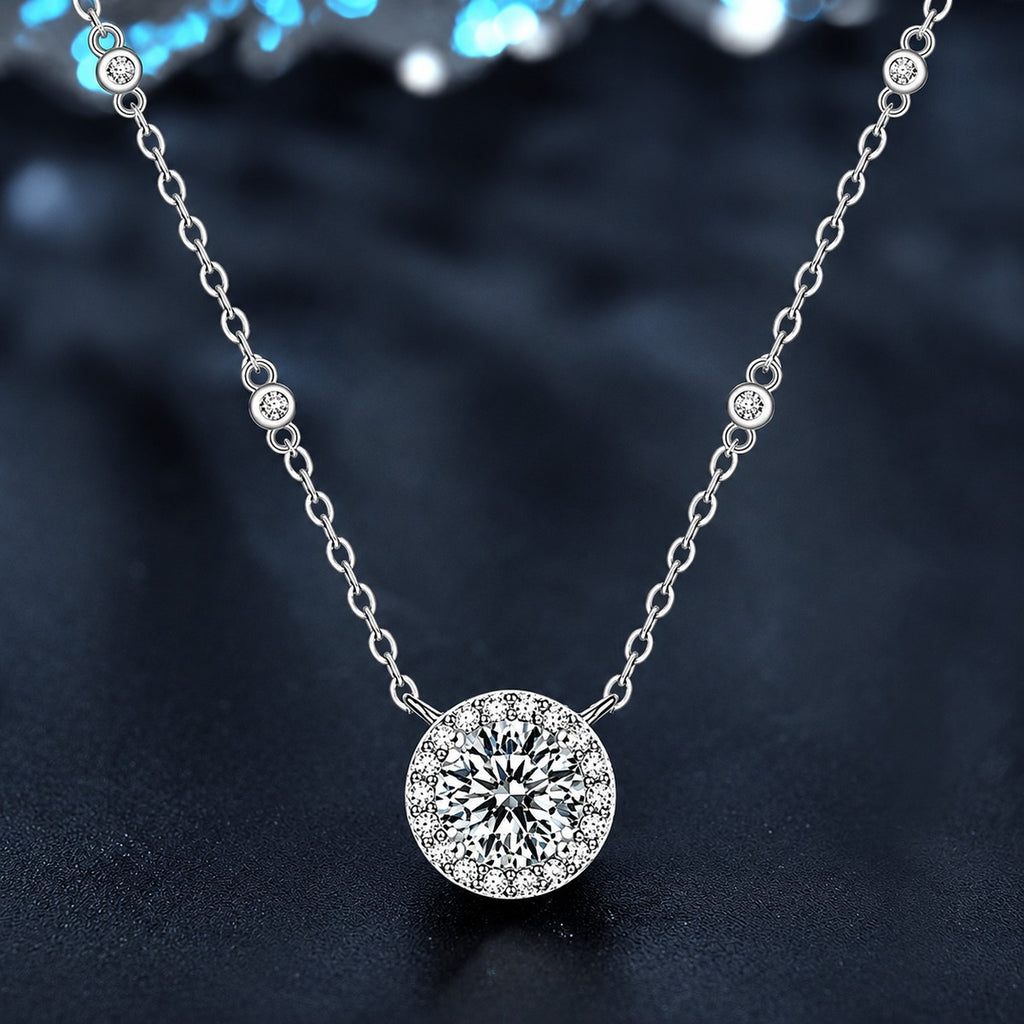 Round Halo Moissanite Necklace with CZ in White Gold-Plated S925 sterling silver blue display scene showing chain and stone layout