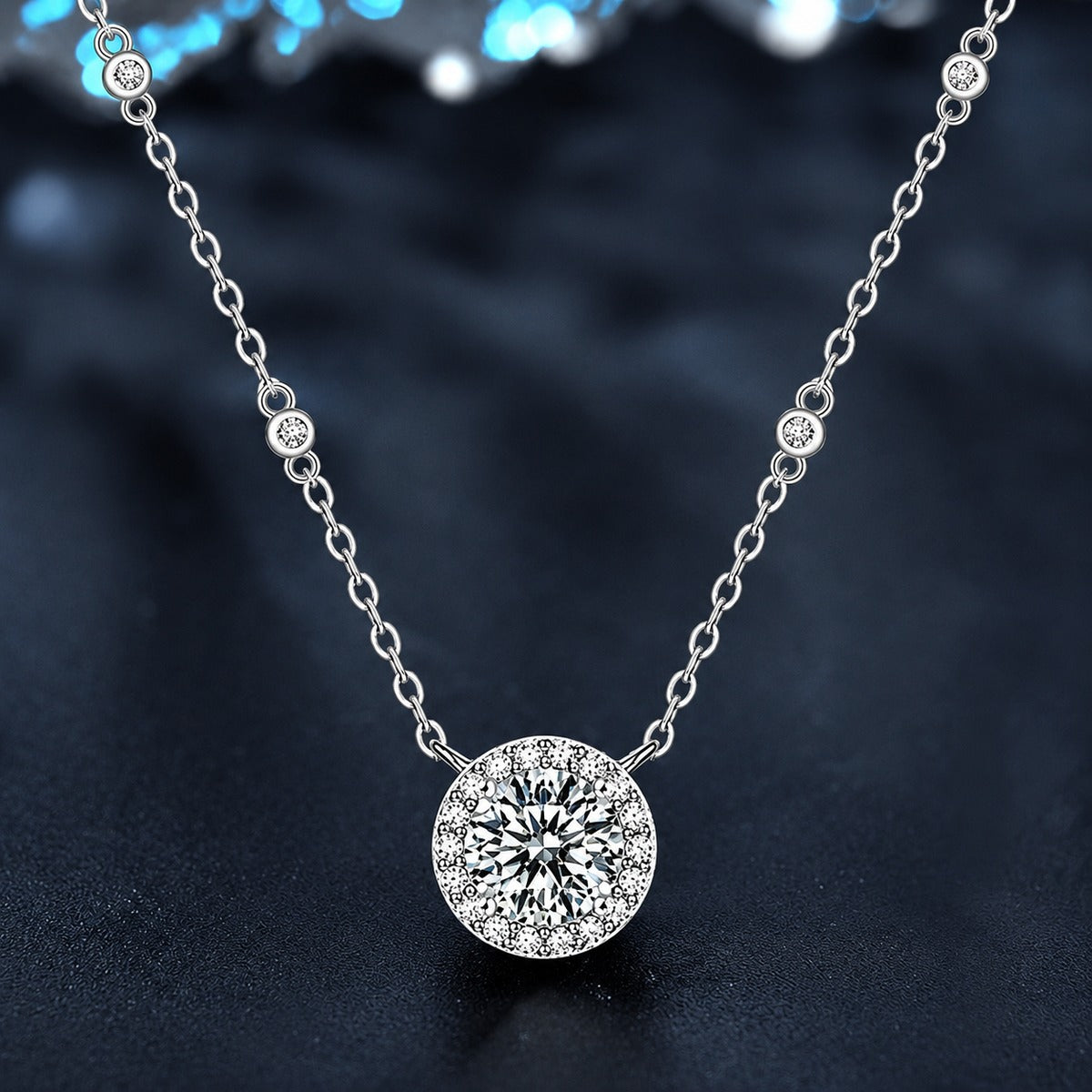 Round Halo Moissanite Necklace with CZ in White Gold-Plated S925 sterling silver blue display scene showing chain and stone layout