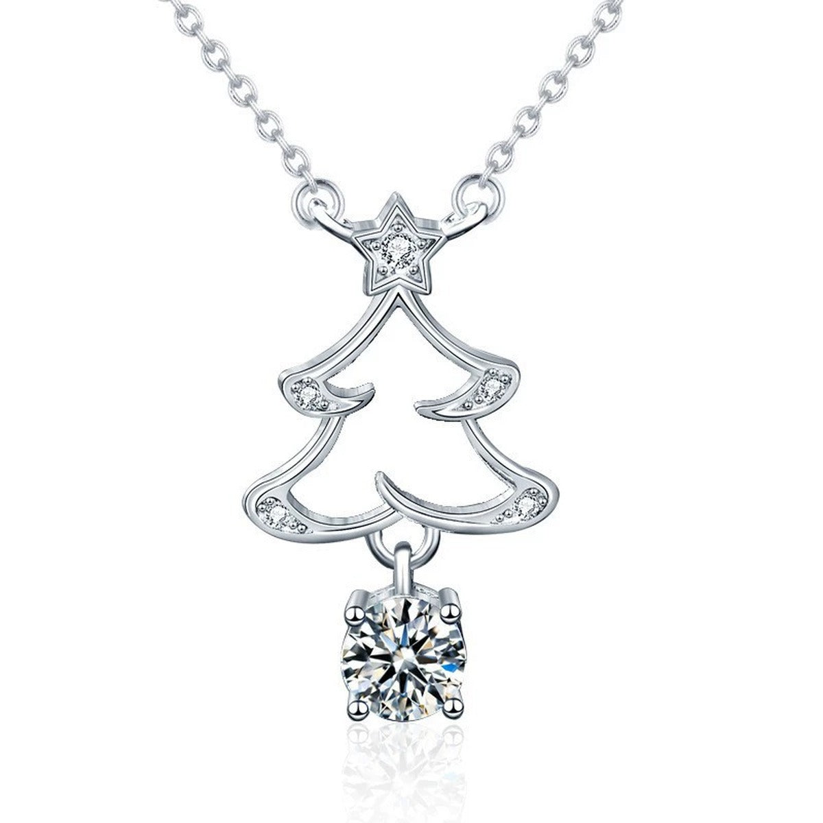 Christmas Tree Round Moissanite Necklace with CZ in White Gold-Plated S925 sterling silver white background product photo showing christmas tree pendant with round moissanite drop and CZ star detail