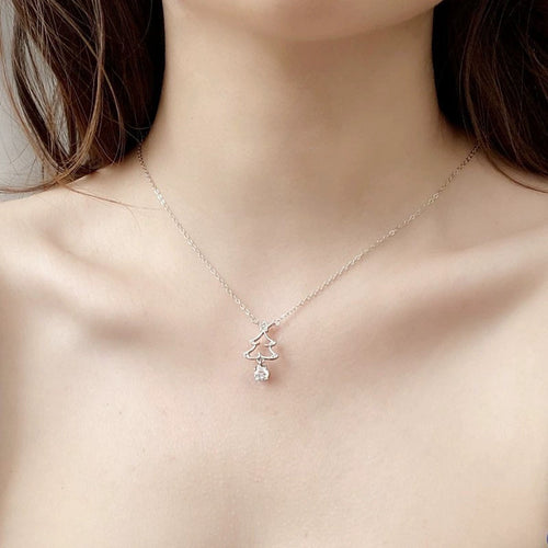 Christmas Tree Round Moissanite Necklace with CZ in White Gold-Plated S925 sterling silver neckline model view showing pendant scale and chain length