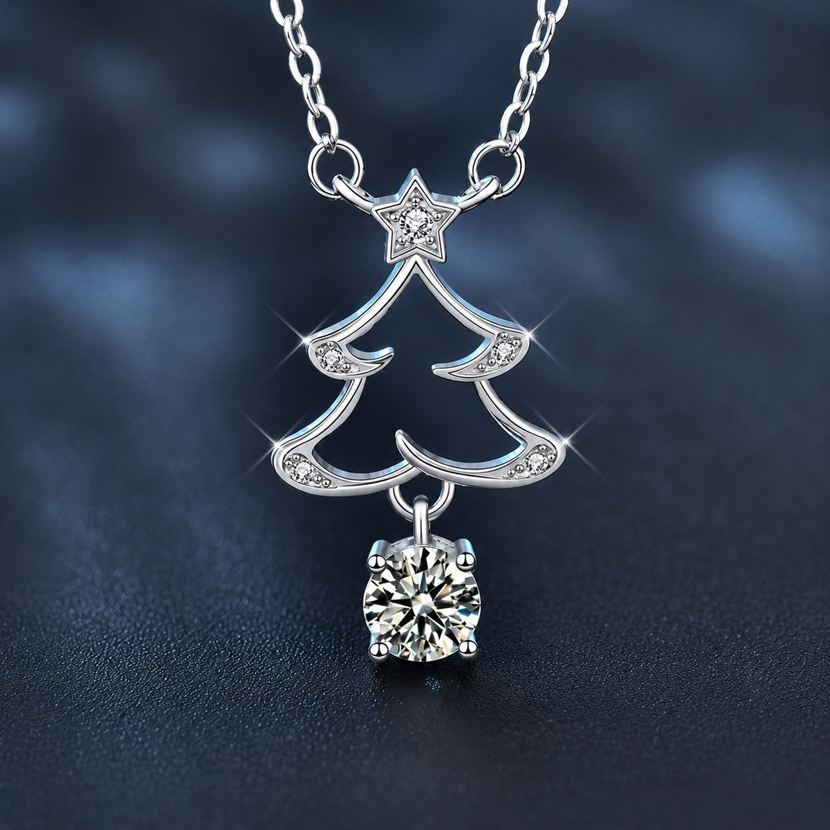 Christmas Tree Round Moissanite Necklace with CZ in White Gold-Plated S925 sterling silver close-up product scene showing pendant setting