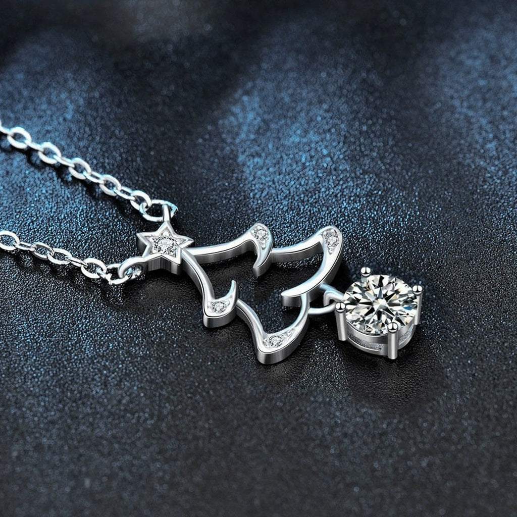 Christmas Tree Round Moissanite Necklace with CZ in White Gold-Plated S925 sterling silver angled product detail view