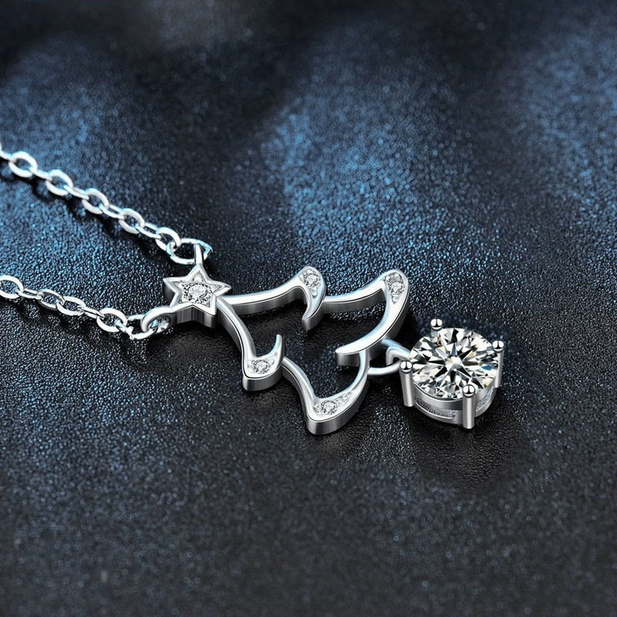 Christmas Tree Round Moissanite Necklace with CZ in White Gold-Plated S925 sterling silver angled product detail view