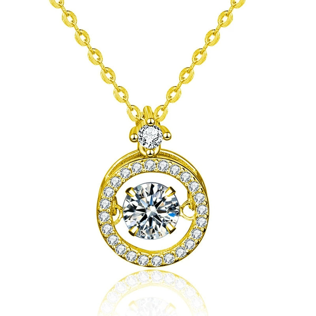 Dancing Round Moissanite Halo Necklace with CZ in Gold-Plated S925 sterling silver white background front product view showing a moving round center stone suspended inside a circular CZ halo