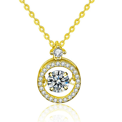 Dancing Round Moissanite Halo Necklace with CZ in Gold-Plated S925 sterling silver white background front product view showing a moving round center stone suspended inside a circular CZ halo
