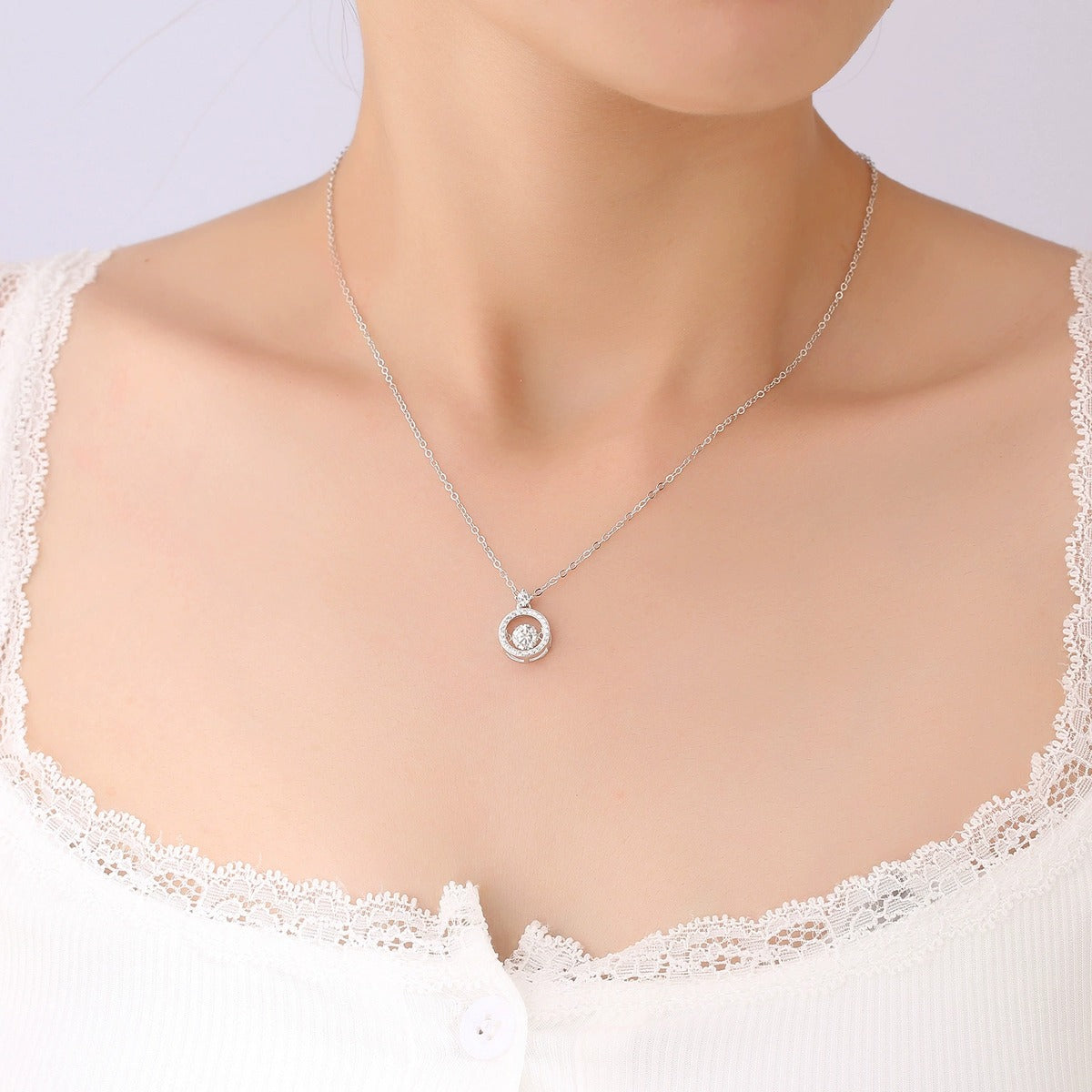 Dancing Round Moissanite Halo Necklace with CZ in Gold-Plated S925 sterling silver neckline model view showing pendant scale and chain length