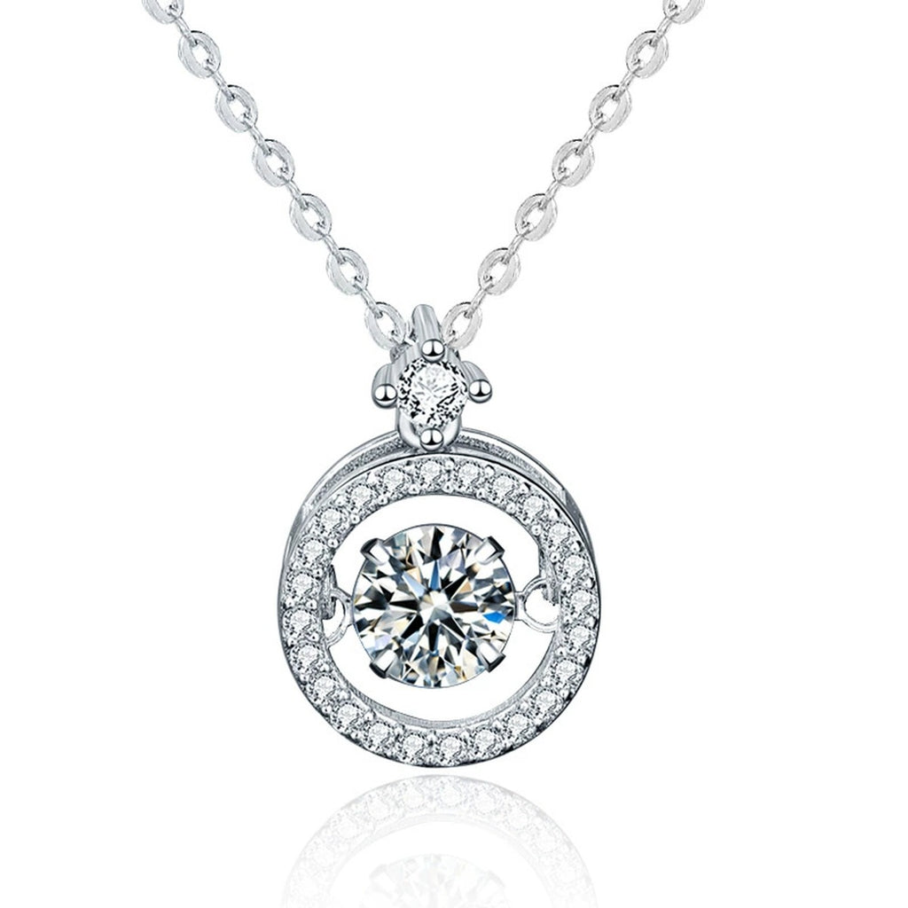 Dancing Round Moissanite Halo Necklace with CZ in Gold-Plated S925 sterling silver alternate metal color white background product view showing a moving round center stone suspended inside a circular CZ halo