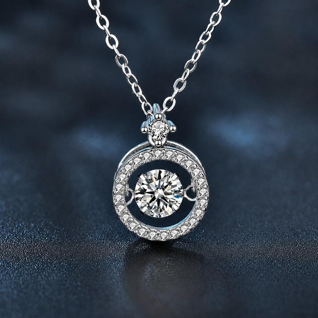 Dancing Round Moissanite Halo Necklace with CZ in Gold-Plated S925 sterling silver close-up styled product scene showing pendant setting