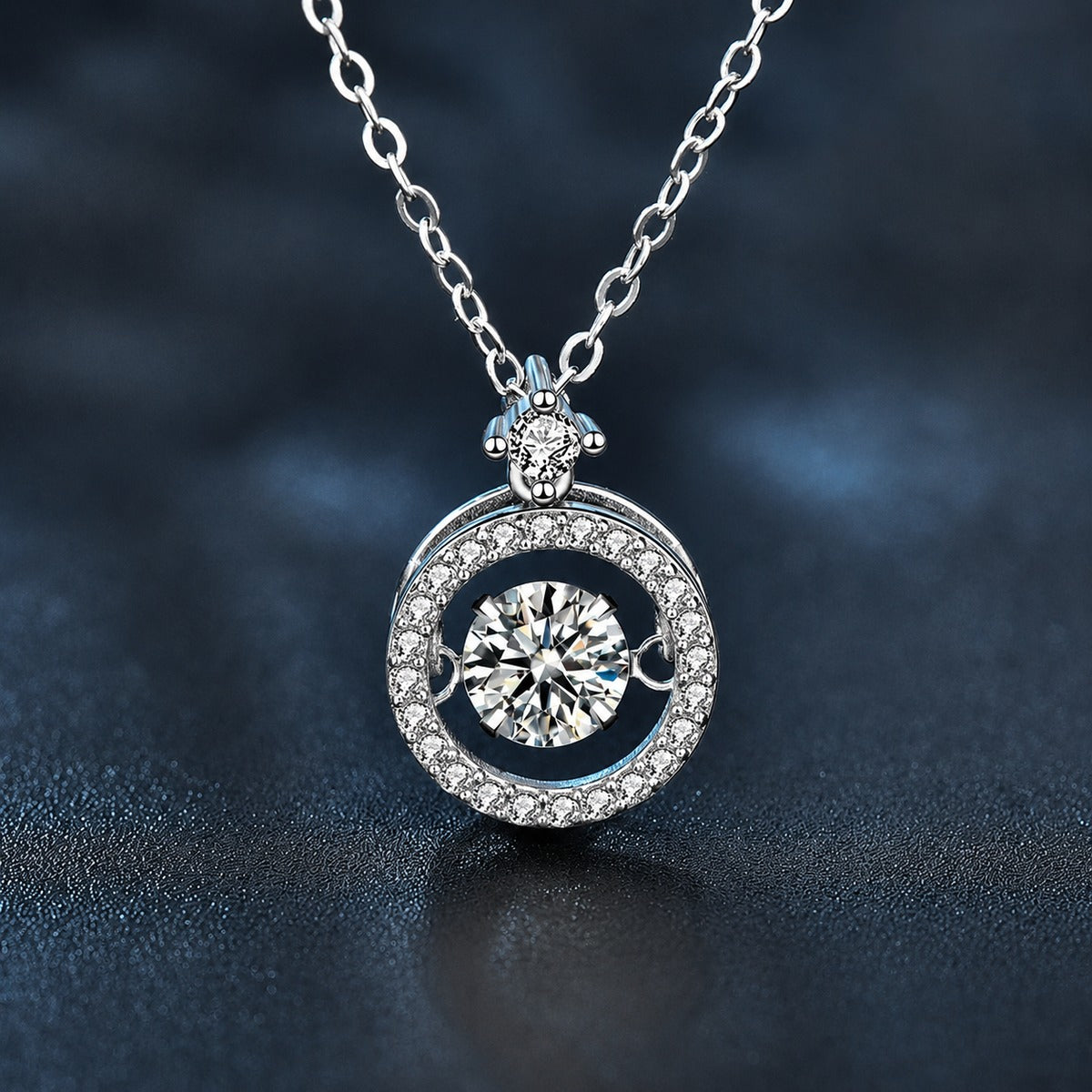 Dancing Round Moissanite Halo Necklace with CZ in Gold-Plated S925 sterling silver close-up styled product scene showing pendant setting