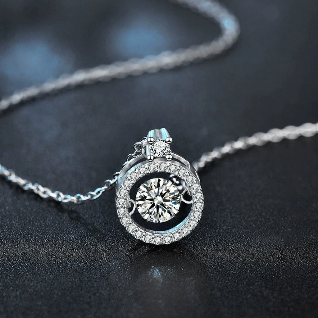 Dancing Round Moissanite Halo Necklace with CZ in Gold-Plated S925 sterling silver display scene showing chain and stone layout