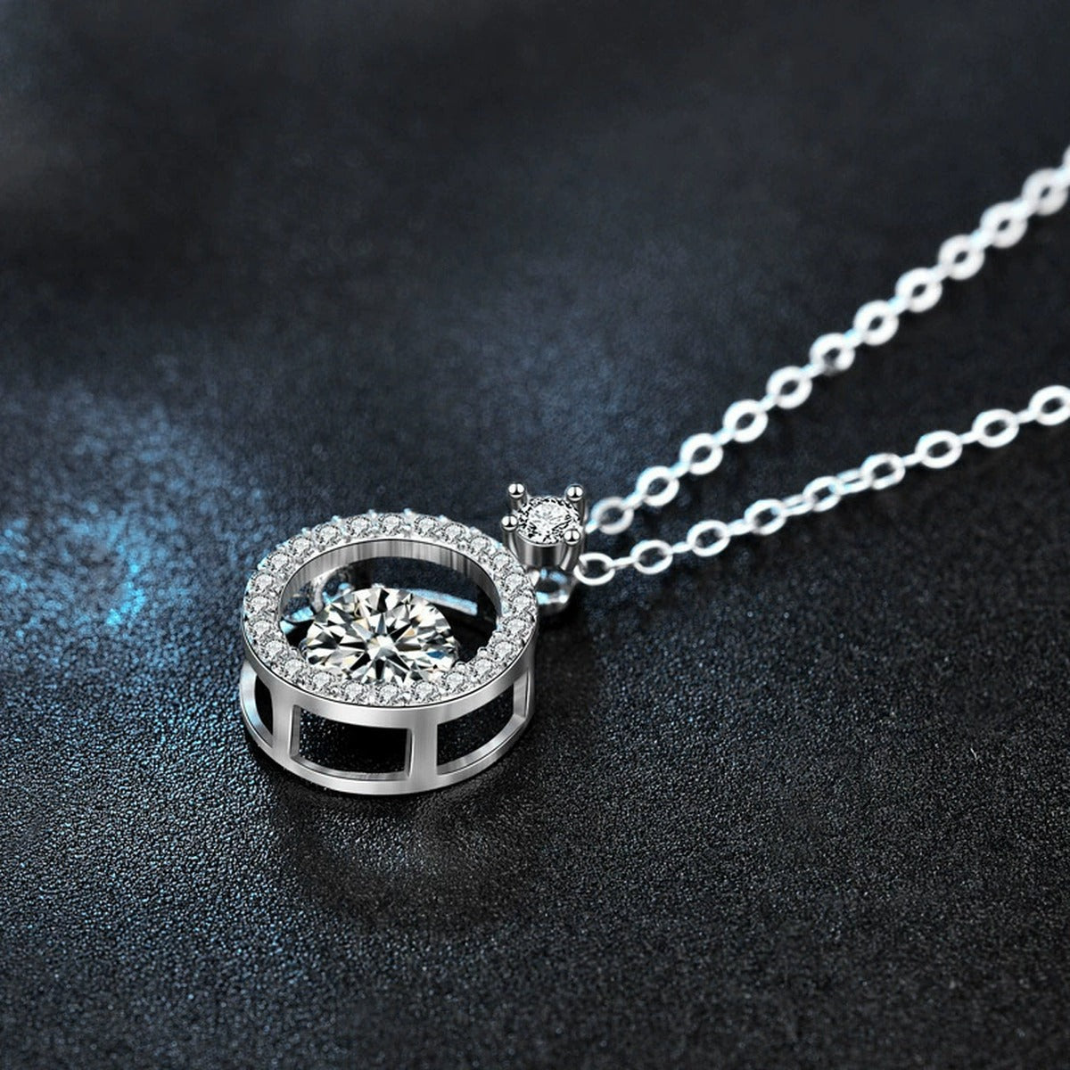 Dancing Round Moissanite Halo Necklace with CZ in Gold-Plated S925 sterling silver angled product detail view