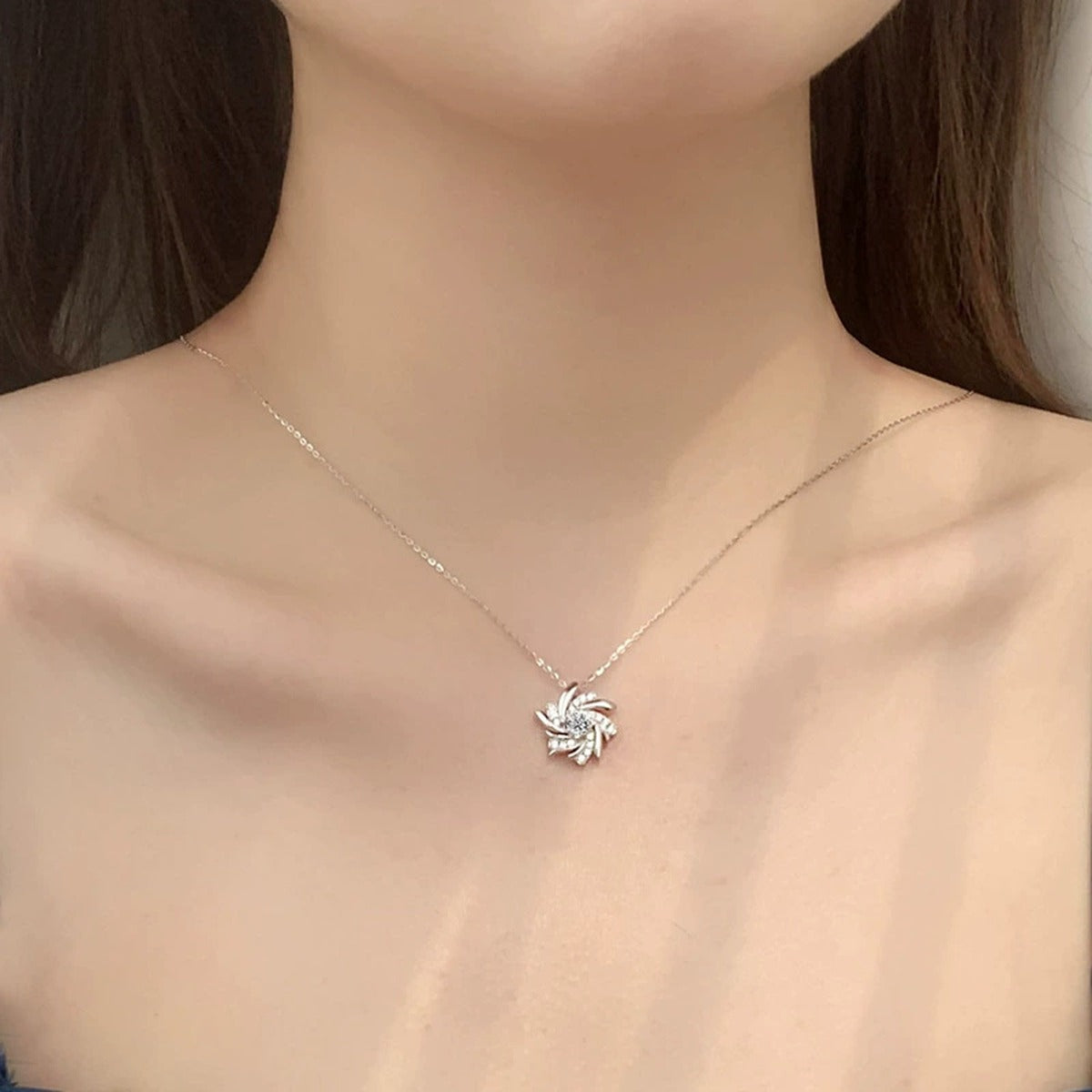 Pinwheel Round Moissanite Necklace with CZ in Gold-Plated S925 sterling silver neckline model view showing pendant scale and chain length