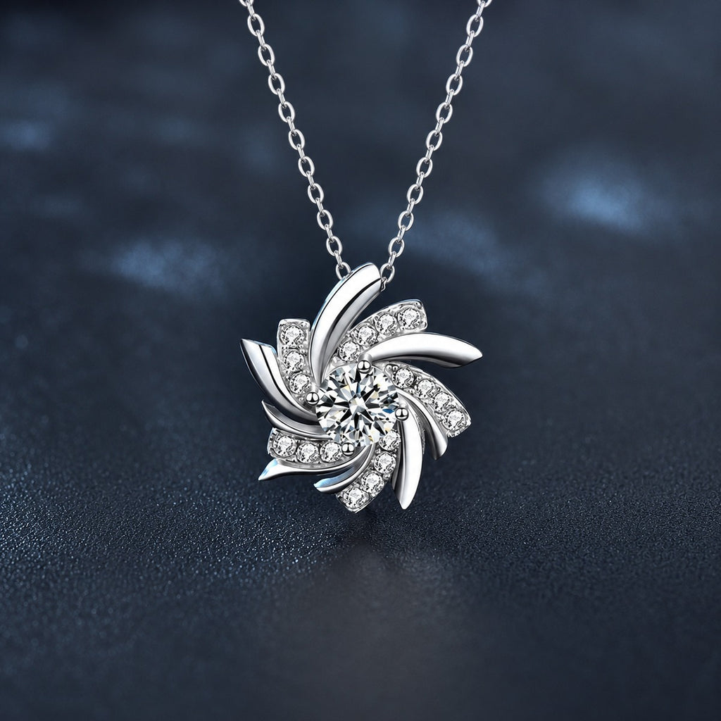 Pinwheel Round Moissanite Necklace with CZ in Gold-Plated S925 sterling silver close-up product scene showing pendant setting