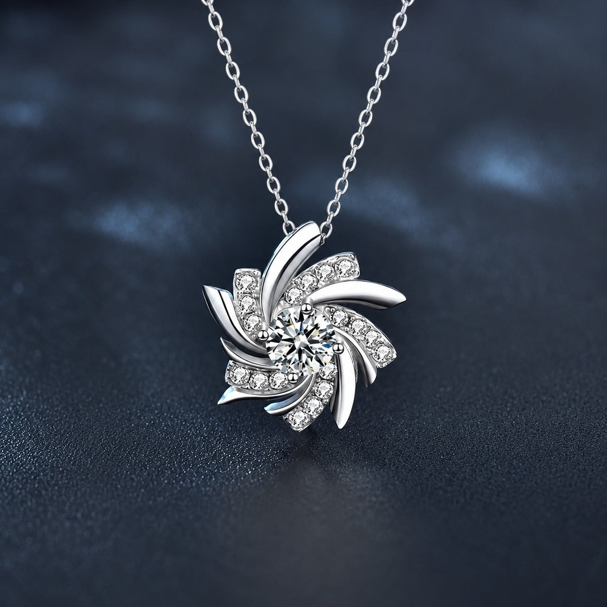 Pinwheel Round Moissanite Necklace with CZ in Gold-Plated S925 sterling silver close-up product scene showing pendant setting