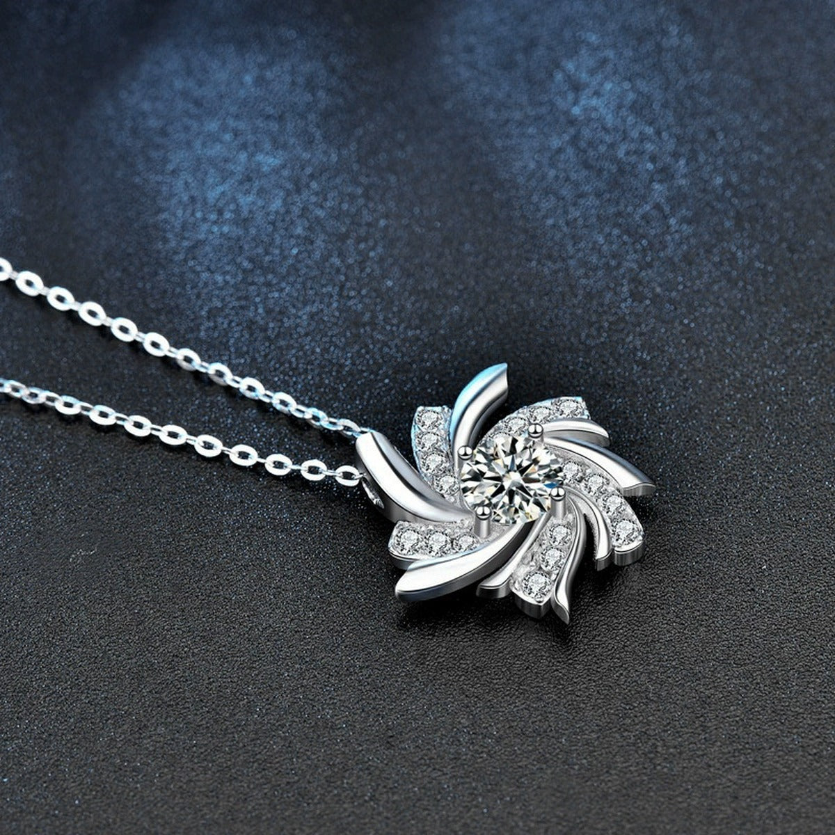 Pinwheel Round Moissanite Necklace with CZ in Gold-Plated S925 sterling silver blue display scene showing chain and stone layout