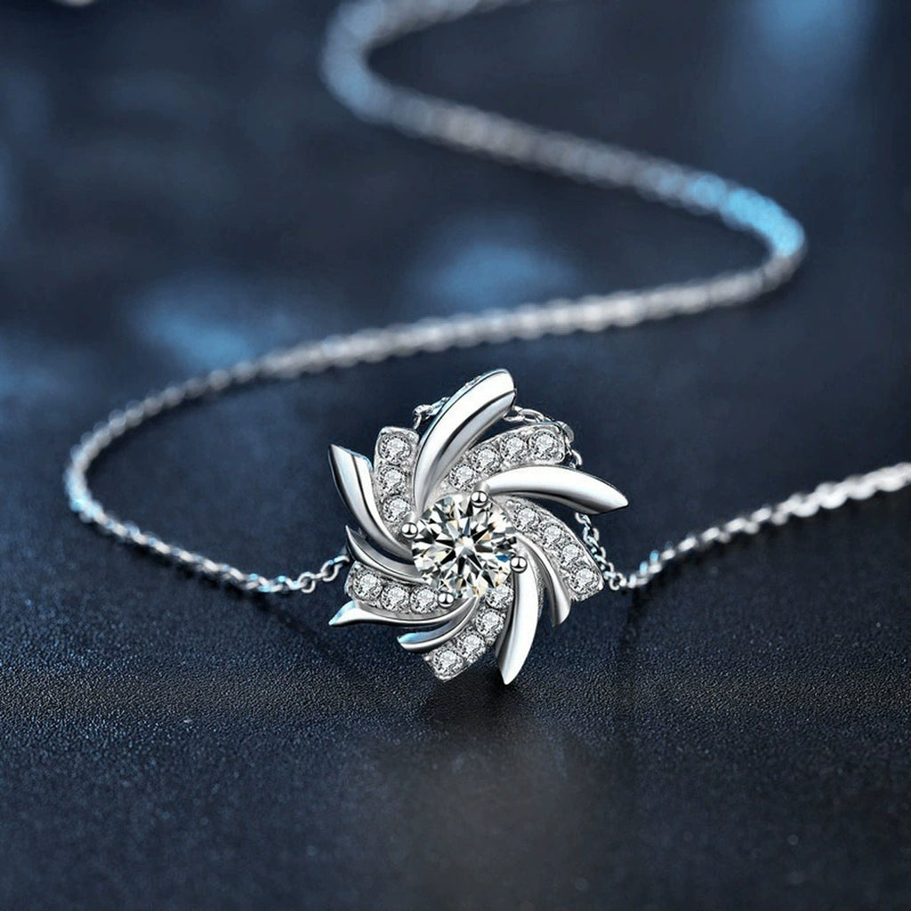 Pinwheel Round Moissanite Necklace with CZ in Gold-Plated S925 sterling silver angled product detail view
