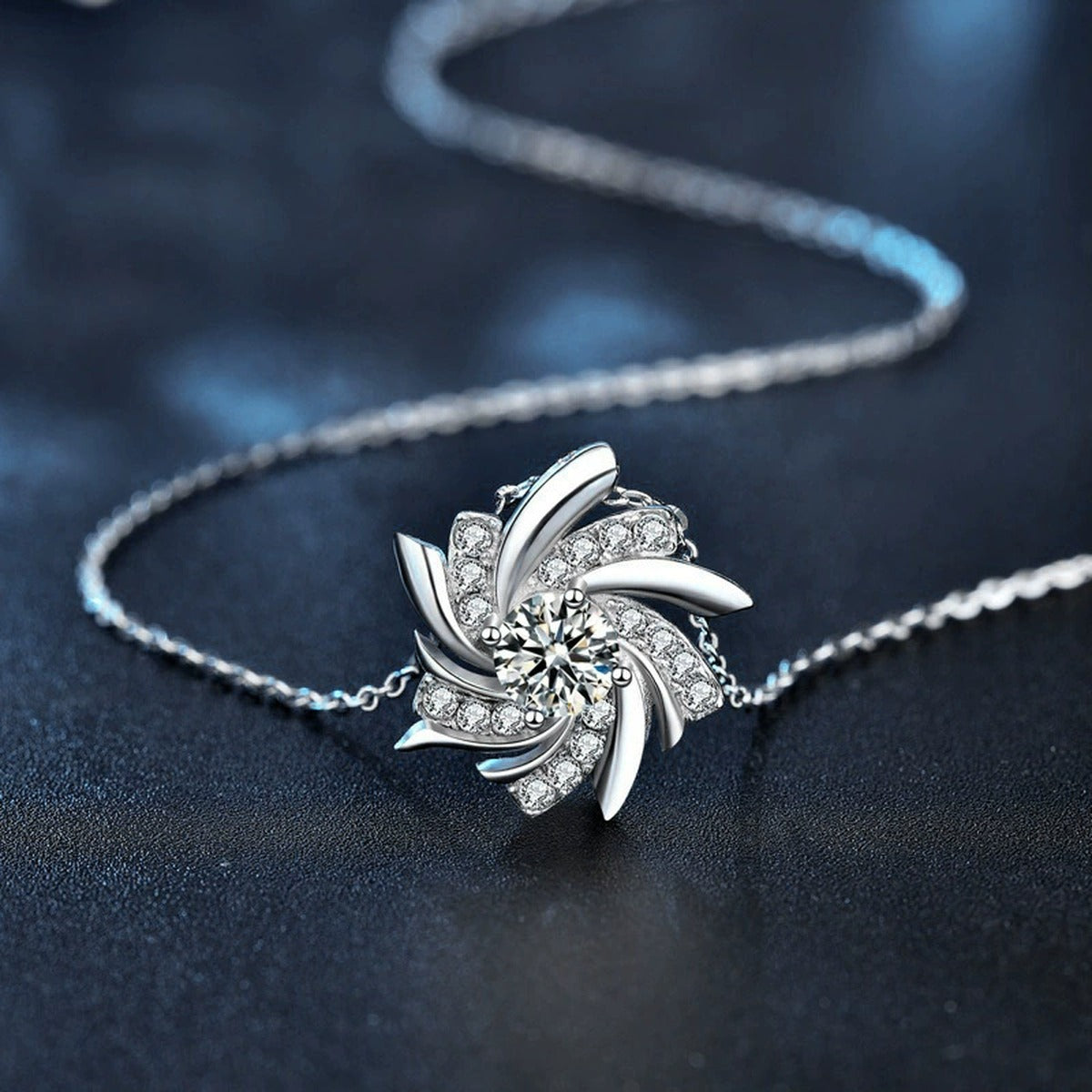 Pinwheel Round Moissanite Necklace with CZ in Gold-Plated S925 sterling silver angled product detail view