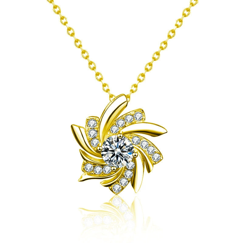 Pinwheel Round Moissanite Necklace with CZ in Gold-Plated S925 sterling silver white background product photo showing pinwheel pendant offered in white gold and yellow gold plating