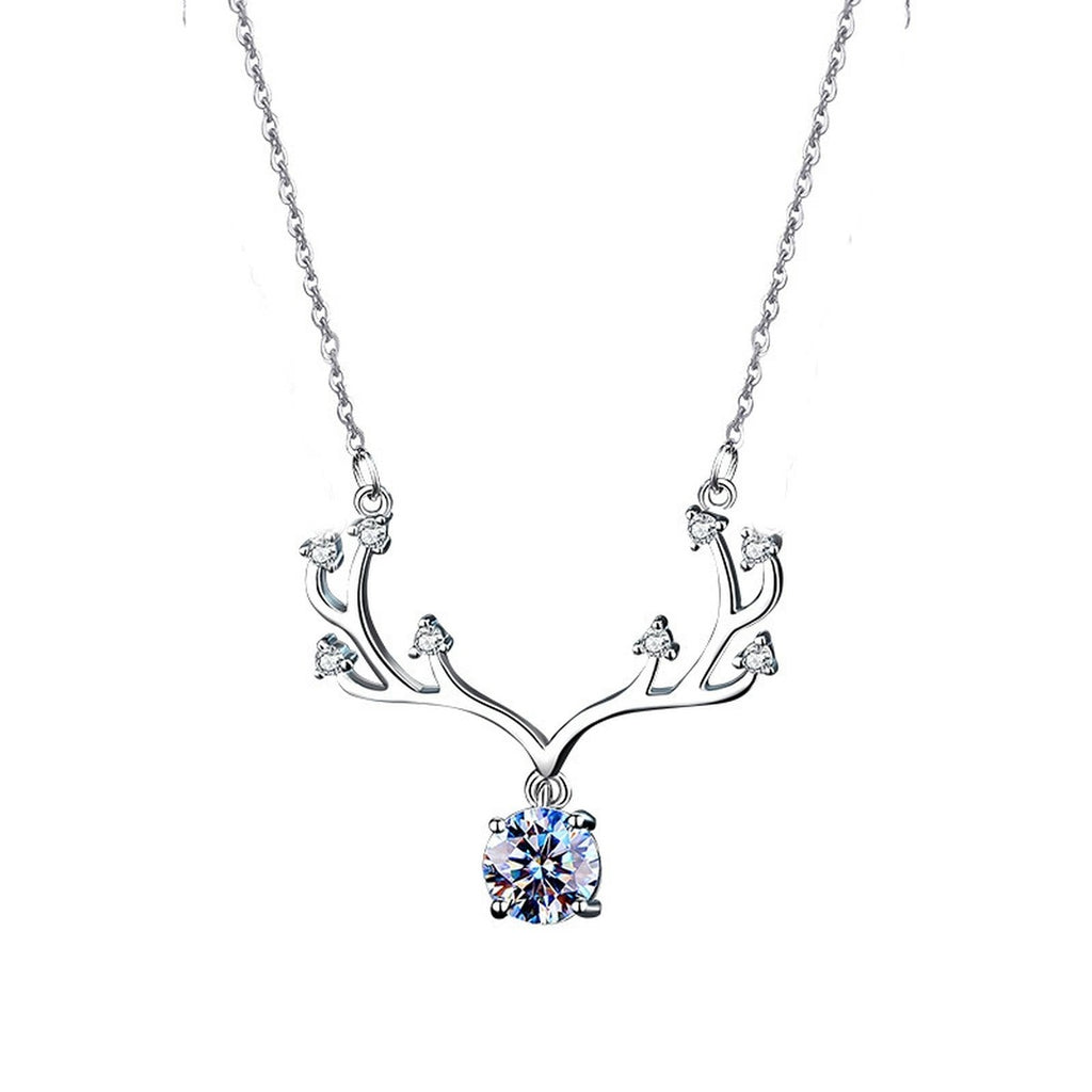 Antler Round Moissanite Necklace with CZ in White Gold-Plated S925 sterling silver white background product photo showing antler pendant with round moissanite drop and CZ accents