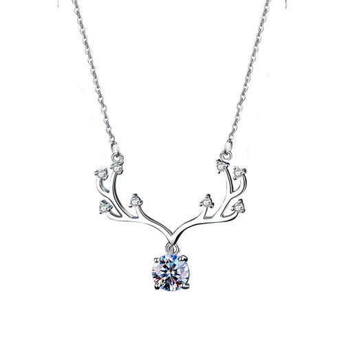 Antler Round Moissanite Necklace with CZ in White Gold-Plated S925 sterling silver white background product photo showing antler pendant with round moissanite drop and CZ accents