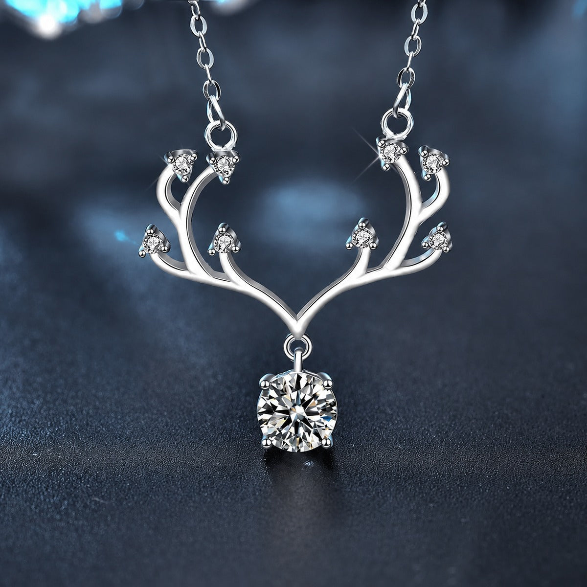 Antler Round Moissanite Necklace with CZ in White Gold-Plated S925 sterling silver close-up product scene showing pendant setting